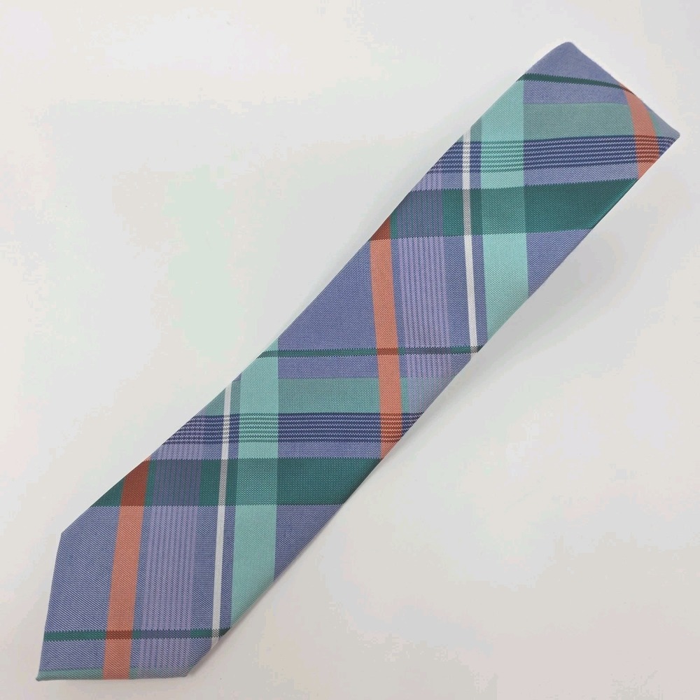 JF J.Ferrar Tie Mens Blue Orange Plaid Classic Designer Formal Wear Luxury‎